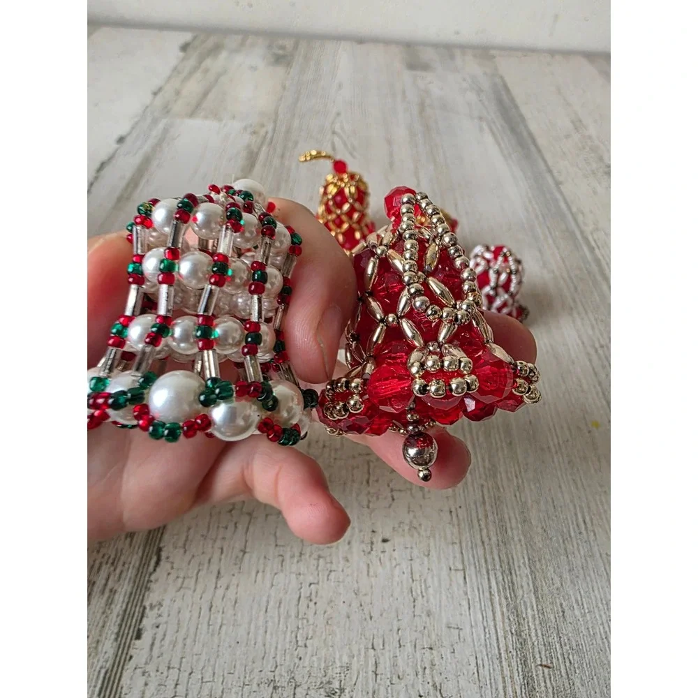 Vintage beaded Bell set ornament red Pearl Xmas gold tree